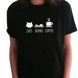 SHEIN Cats, Books, Coffee Short Sleeve Black Graphic T-shirt | EUC
